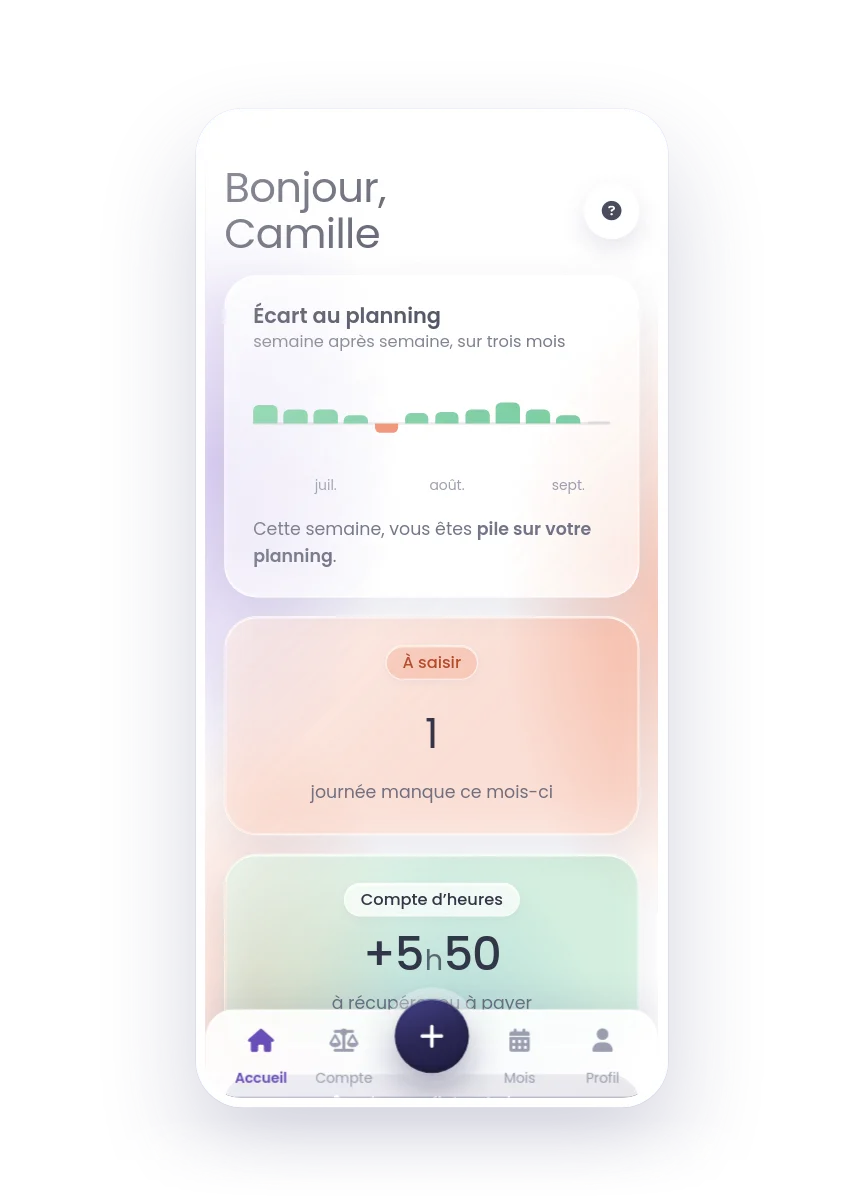 L'accueil d'Ardoise sur téléphone : l'écart au planning semaine après semaine, la journée qui reste à saisir et le compte d'heures.