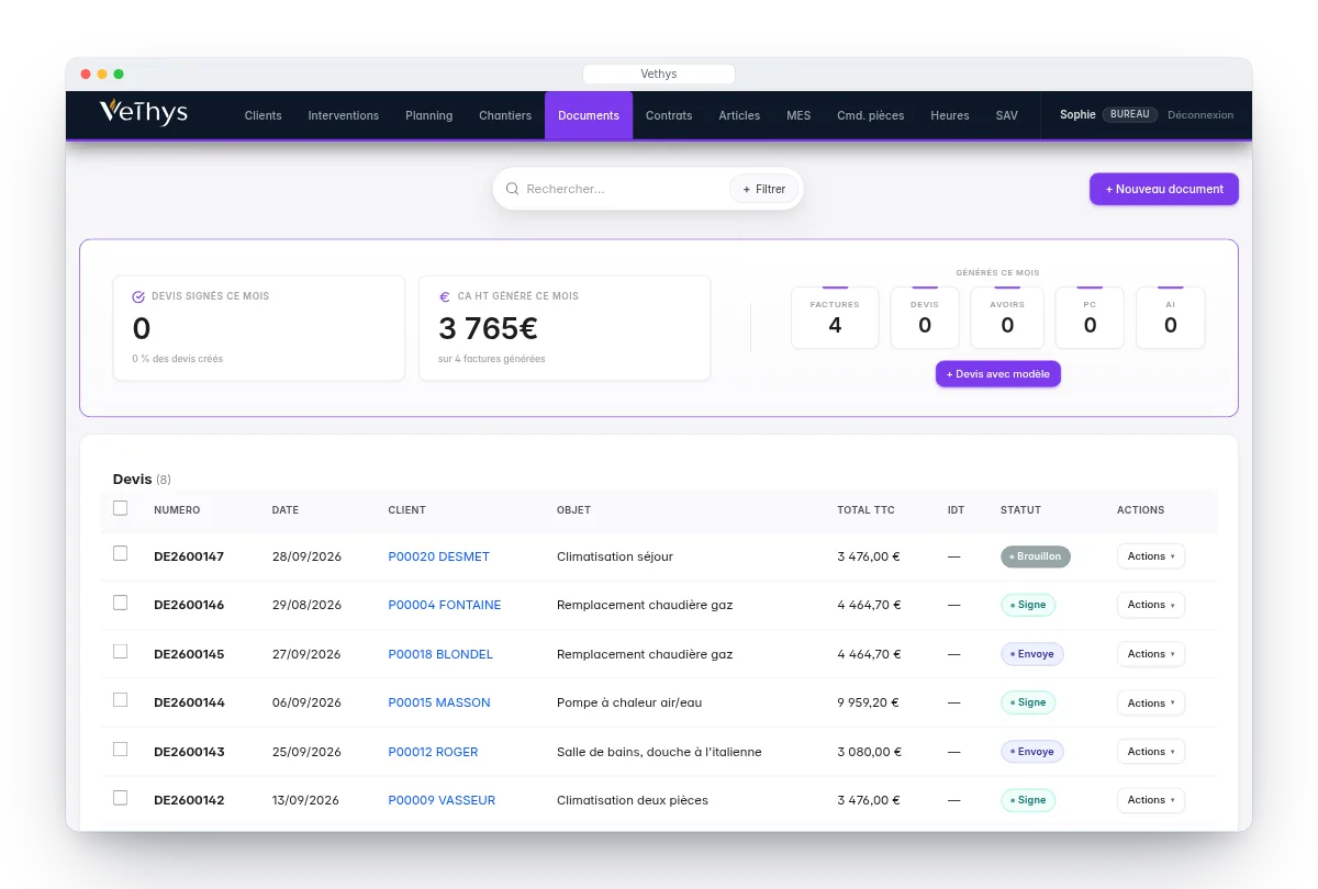 Vethys en action : un devis passe à « signé », le chantier se crée tout seul, il est planifié pour un installateur et apparaît au planning de la semaine. Entreprise et clients fictifs.